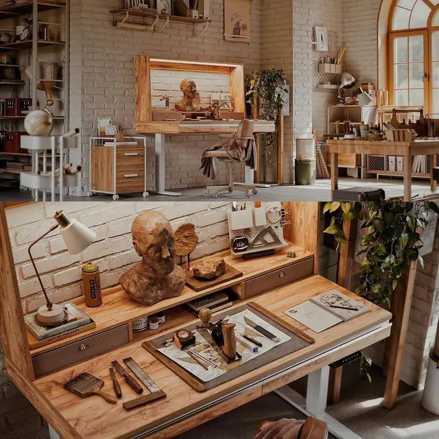 Alt view image 7 of 7 - 55 x 27.5 Inches Electric Standing Desk with Open Shelf&LED Strip, Adjustable Height Sit Stand Up Desks with 4 Drawers, Ergonomic Workstation,Light Rustic