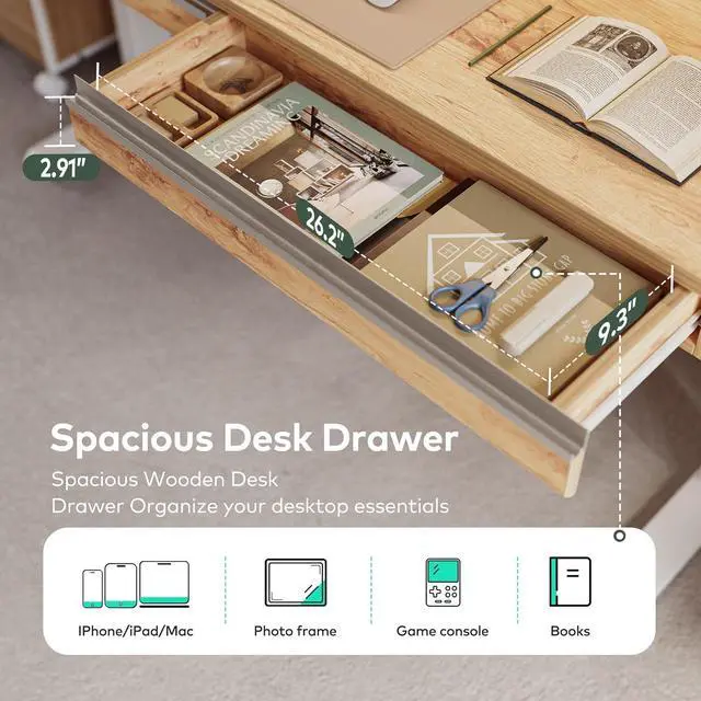 Alt view image 6 of 7 - 55 x 27.5 Inches Electric Standing Desk with Open Shelf&LED Strip, Adjustable Height Sit Stand Up Desks with 3 Drawers, Ergonomic Workstation,Light Rustic