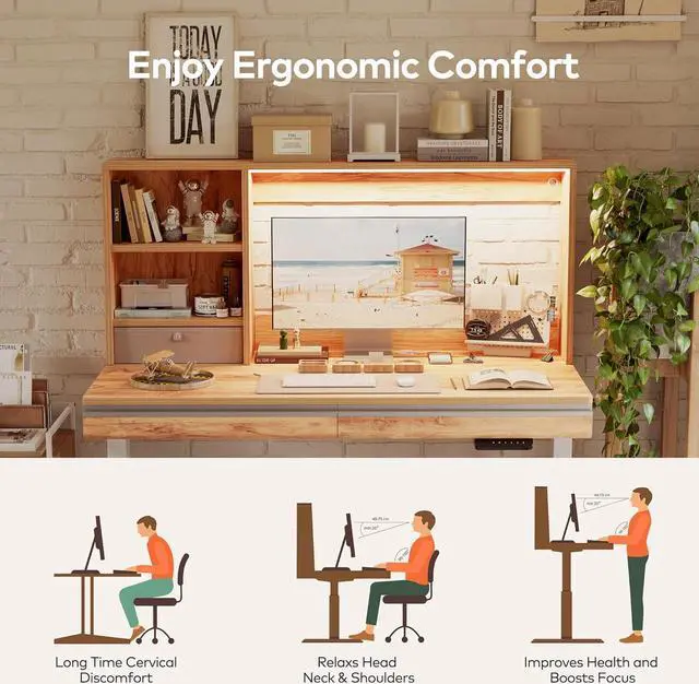 Alt view image 4 of 7 - 55 x 27.5 Inches Electric Standing Desk with Open Shelf&LED Strip, Adjustable Height Sit Stand Up Desks with 3 Drawers, Ergonomic Workstation,Light Rustic