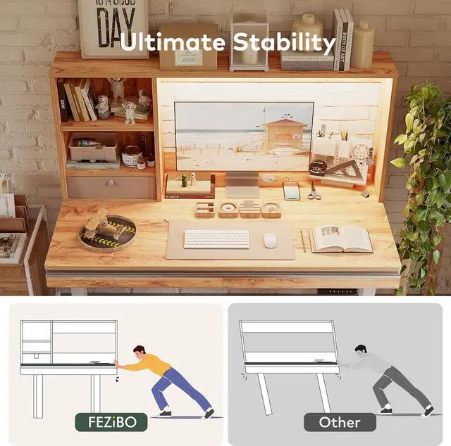 Alt view image 5 of 7 - 55 x 27.5 Inches Electric Standing Desk with Open Shelf&LED Strip, Adjustable Height Sit Stand Up Desks with 3 Drawers, Ergonomic Workstation,Light Rustic