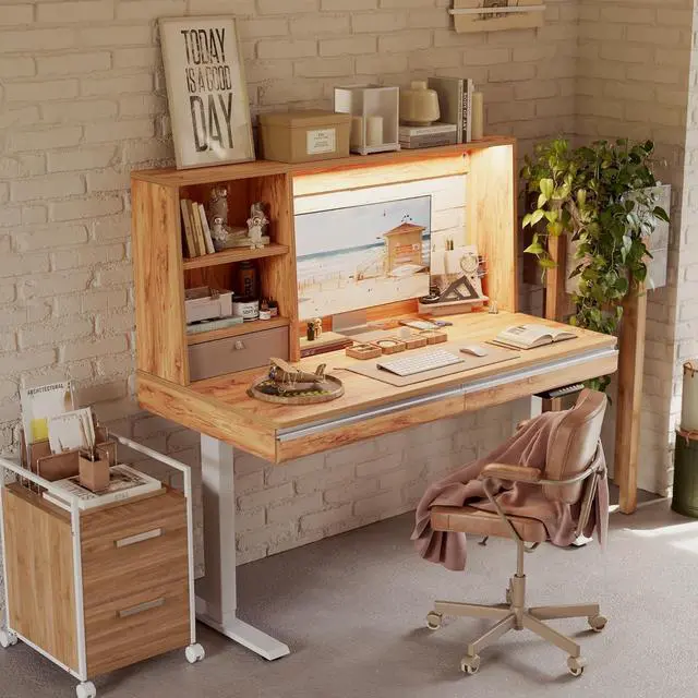Alt view image 7 of 7 - 55 x 27.5 Inches Electric Standing Desk with Open Shelf&LED Strip, Adjustable Height Sit Stand Up Desks with 3 Drawers, Ergonomic Workstation,Light Rustic