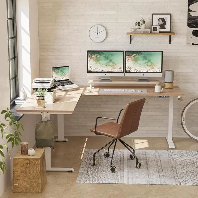 Alt view image 6 of 7 - 75 Inches Triple Motor L Shaped Standing Desk Reversible, Electric Height Adjustable Corner Stand up Desk, Sit Stand Desk Computer Workstation, White Frame/Light Walnut Top