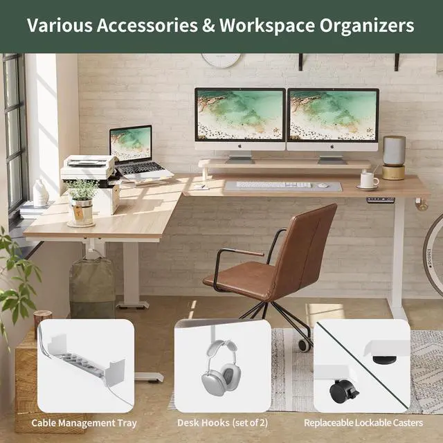 Alt view image 4 of 7 - 75 Inches Triple Motor L Shaped Standing Desk Reversible, Electric Height Adjustable Corner Stand up Desk, Sit Stand Desk Computer Workstation, White Frame/Light Walnut Top