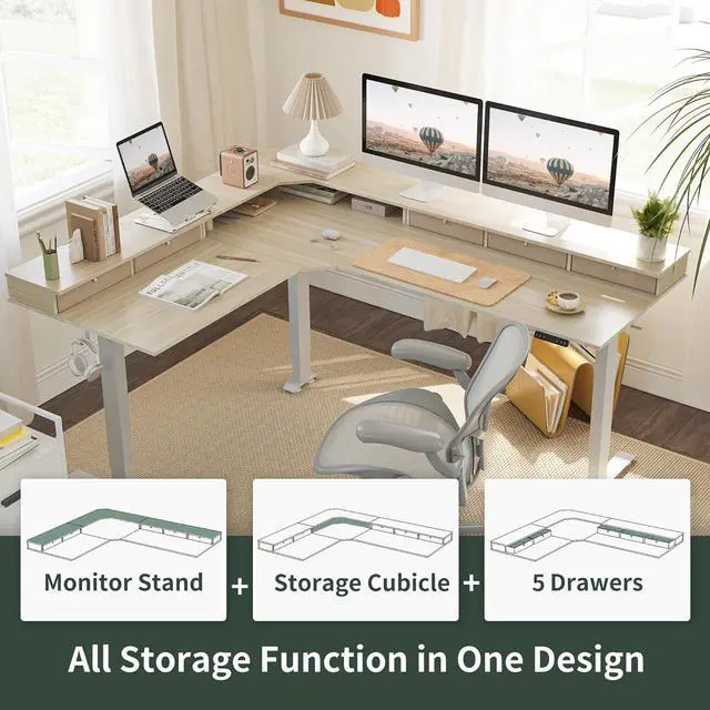 Alt view image 5 of 7 - 75 Inches Triple Motor L Shaped Standing Desk Reversible, Electric Height Adjustable Corner Stand up Desk, Sit Stand Desk Computer Workstation, White Frame/Light Walnut Top