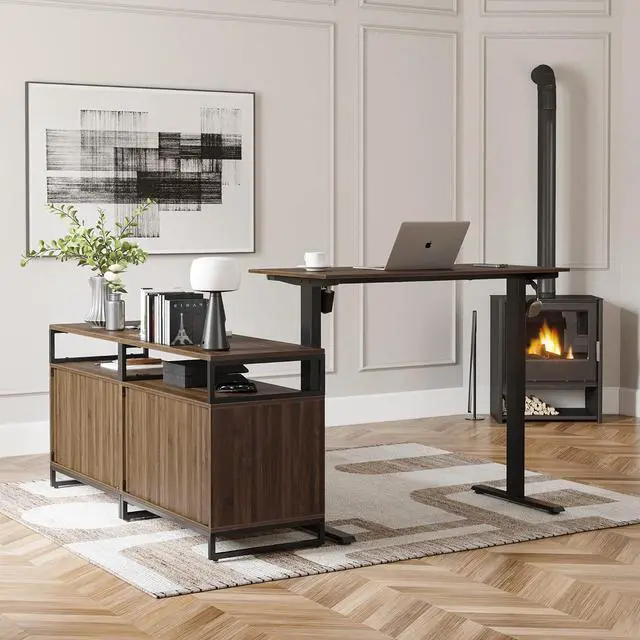 Alt view image 4 of 7 - 66 Inch Executive L Shaped Standing Desk with 2-Drawer File Cabinet, Electric Height Adjustable Stand up Desk, Home Office Modern Wood Computer Desk with Shelves, Black Frame/Black Walnut