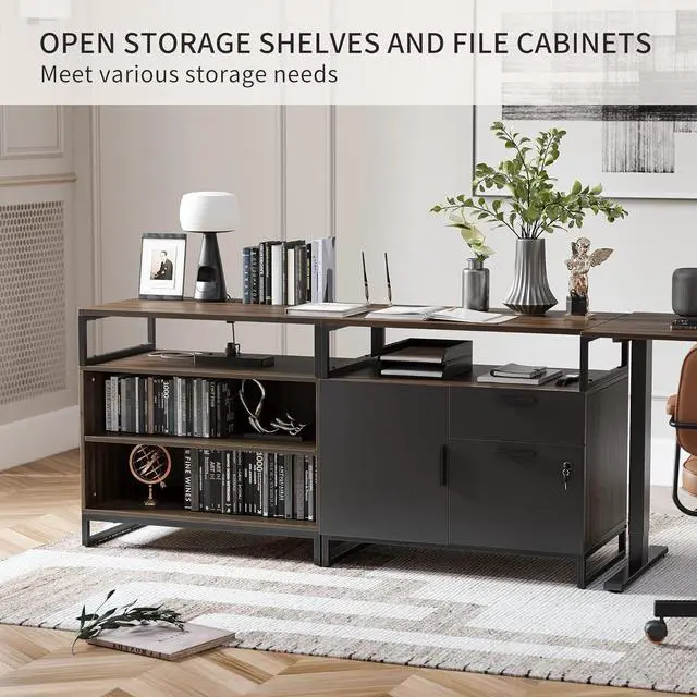 Alt view image 6 of 7 - 66 Inch Executive L Shaped Standing Desk with 2-Drawer File Cabinet, Electric Height Adjustable Stand up Desk, Home Office Modern Wood Computer Desk with Shelves, Black Frame/Black Walnut