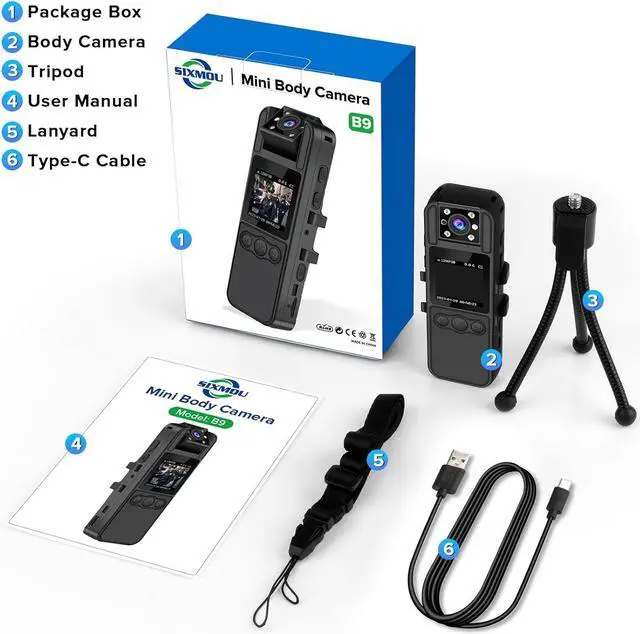 Alt view image 5 of 7 - Body Camera with Audio and Video Recording, HD 1296P Body Cam with 180° Rotating Lens, Night Vision, 64G B9 Body Worn Camcorder, Perfect for Personal Civilians, Police Law Enforcement