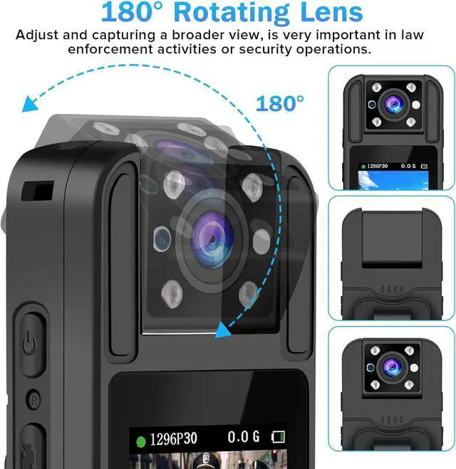 Alt view image 3 of 7 - Body Camera with Audio and Video Recording, HD 1296P Body Cam with 180° Rotating Lens, Night Vision, 64G B9 Body Worn Camcorder, Perfect for Personal Civilians, Police Law Enforcement
