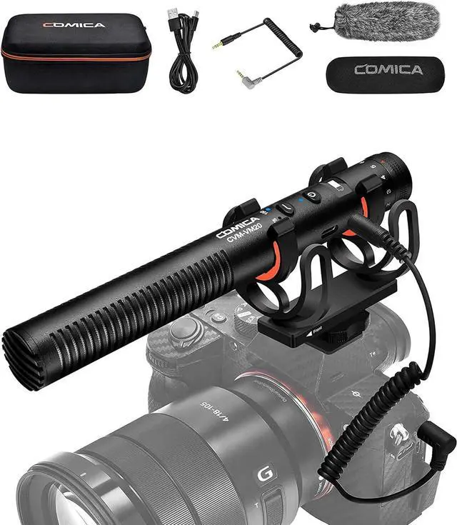 Main image of VM20 Shotgun Microphone, Super-Cardioid Camera Microphone with Rycote Shockmount, Windscreen, Wind Muff, OLED Power Display, Video Microphone for Smartphones, DSLR Cameras, Tablets, Laptops