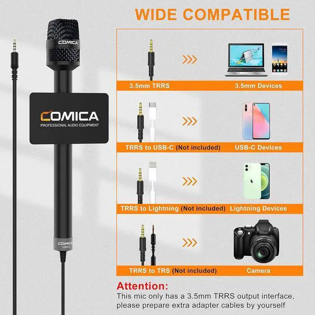 Alt view image 3 of 7 - Handheld Interview Microphone, HRM-S 3.5mm TRRS Cardioid Condenser Reporter Microphone for Recording, Speech, Stage, Vocal Mic for Smartphones Laptops and DSLR Cameras