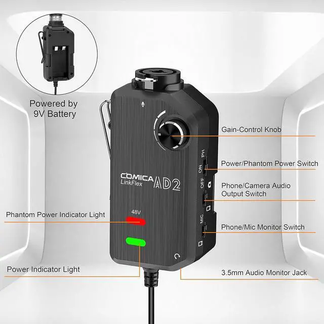Alt view image 5 of 7 - LINKFLEX AD2 XLR/ 6.35mm Audio Preamp Adapter with 48V Phantom Power, Real-time Monitoring, Guitar Interface Microphone Preamp for iPhone, IOS, Android, Tablet and DSLR Cameras