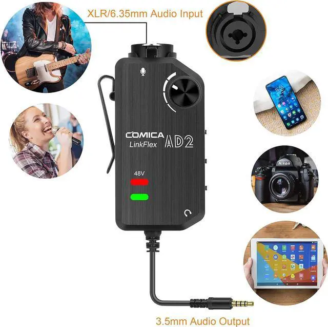 Alt view image 3 of 7 - LINKFLEX AD2 XLR/ 6.35mm Audio Preamp Adapter with 48V Phantom Power, Real-time Monitoring, Guitar Interface Microphone Preamp for iPhone, IOS, Android, Tablet and DSLR Cameras