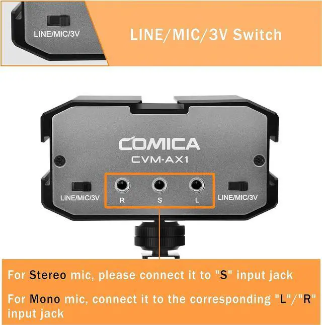 Alt view image 7 of 7 - CVM-AX1 DSLR Audio Adapter, Microphone Audio Mixer Adapter with Real-time Monitoring, Dual Channels 3.5mm Port Camera Mixer for Canon Nikon Sony Panasonic DSLR Camera Camcorders