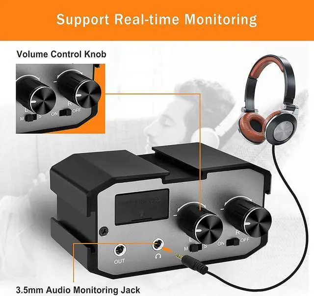 Alt view image 3 of 7 - CVM-AX1 DSLR Audio Adapter, Microphone Audio Mixer Adapter with Real-time Monitoring, Dual Channels 3.5mm Port Camera Mixer for Canon Nikon Sony Panasonic DSLR Camera Camcorders