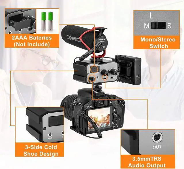 Alt view image 6 of 7 - CVM-AX1 DSLR Audio Adapter, Microphone Audio Mixer Adapter with Real-time Monitoring, Dual Channels 3.5mm Port Camera Mixer for Canon Nikon Sony Panasonic DSLR Camera Camcorders