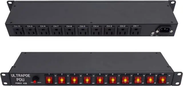 Main image of 1U Rack Mount Power Strip with Surge Protector and 10 Outlets - Independent Switch Control, 1800 Joules