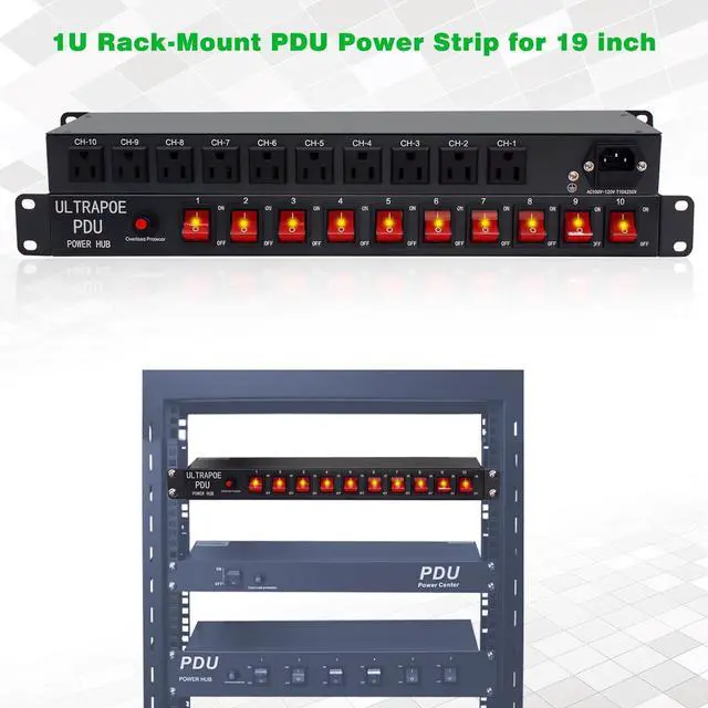 Alt view image 2 of 6 - 1U Rack Mount Power Strip with Surge Protector and 10 Outlets - Independent Switch Control, 1800 Joules