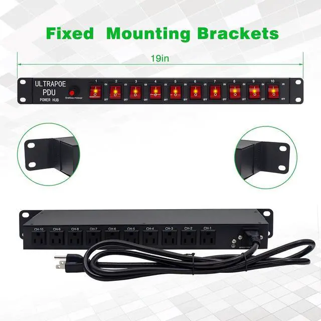 Alt view image 4 of 6 - 1U Rack Mount Power Strip with Surge Protector and 10 Outlets - Independent Switch Control, 1800 Joules