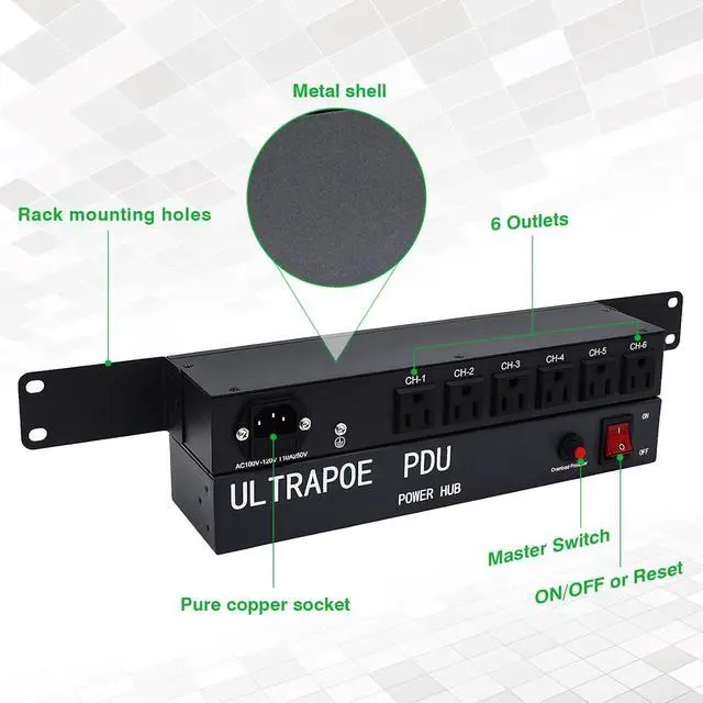 Alt view image 6 of 7 - 1U Disassembled Rack Mount Cable Management Panel,6 Outlet Horizontal 1U Rack Mount PDU Power Strip,120V/15A/50-60HZ,6ft Power Cord, for 19-Inch Rack or Cabinet