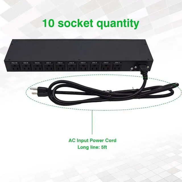 Alt view image 2 of 7 - 1U Network-Grade Rackmount PDU Power Strip, 10 LED Independent Switch, 10 Outlets, 15A/1800 Jiaoer/50-60HZ, 6 -Foot Heavy Power Cable