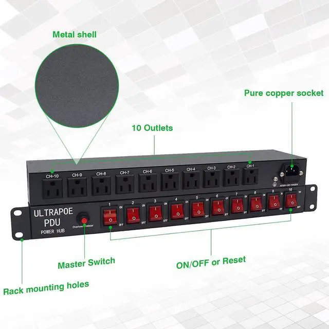 Alt view image 4 of 7 - 1U Network-Grade Rackmount PDU Power Strip, 10 LED Independent Switch, 10 Outlets, 15A/1800 Jiaoer/50-60HZ, 6 -Foot Heavy Power Cable