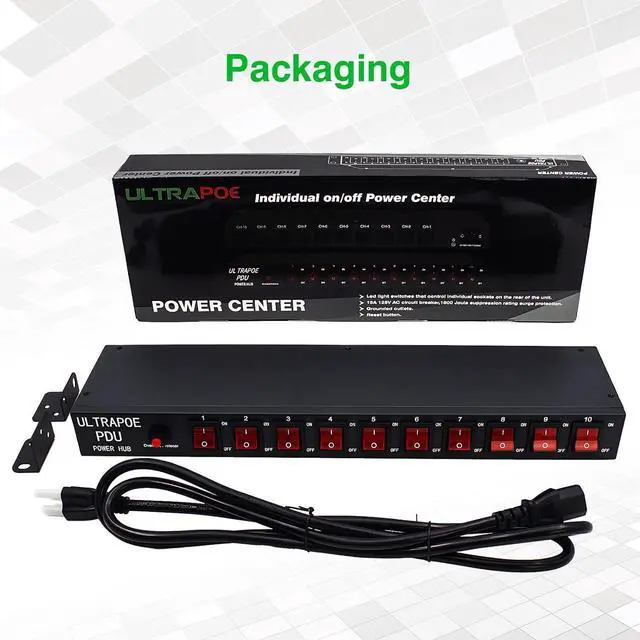 Alt view image 5 of 7 - 1U Network-Grade Rackmount PDU Power Strip, 10 LED Independent Switch, 10 Outlets, 15A/1800 Jiaoer/50-60HZ, 6 -Foot Heavy Power Cable