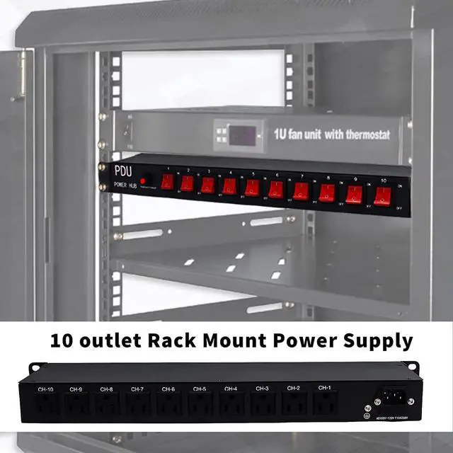 Alt view image 7 of 7 - 1U Network-Grade Rackmount PDU Power Strip, 10 LED Independent Switch, 10 Outlets, 15A/1800 Jiaoer/50-60HZ, 6 -Foot Heavy Power Cable
