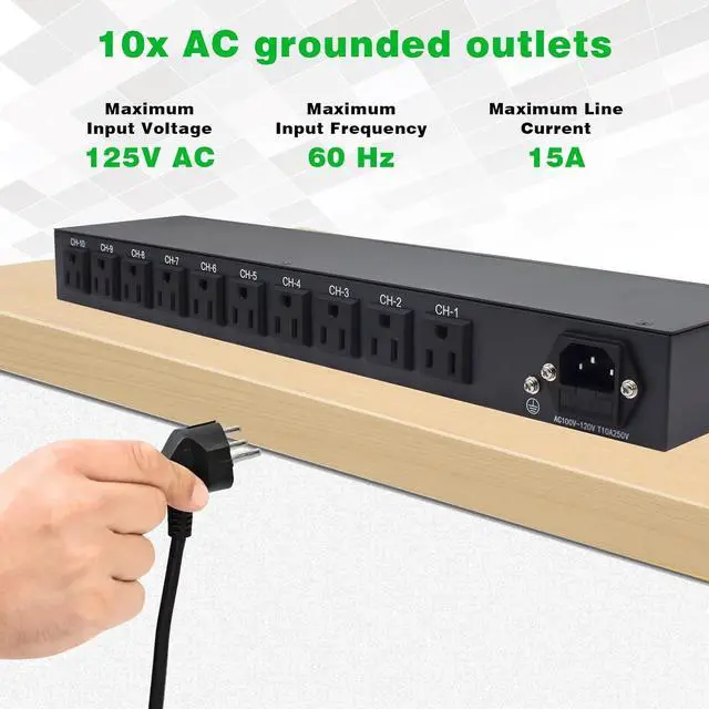 Alt view image 6 of 7 - 1U Network-Grade Rackmount PDU Power Strip, 10 LED Independent Switch, 10 Outlets, 15A/1800 Jiaoer/50-60HZ, 6 -Foot Heavy Power Cable