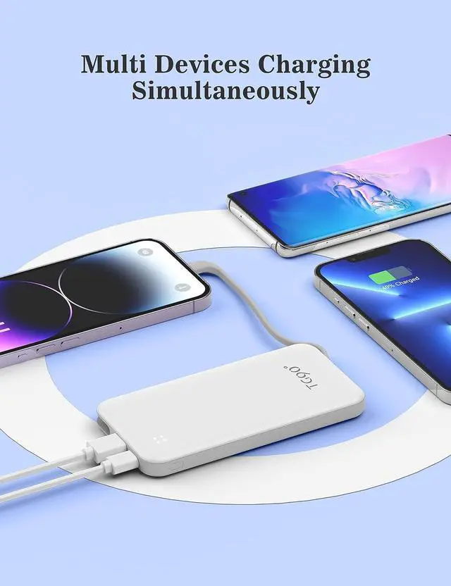 Alt view image 2 of 5 - Power Bank Portable Charger with Built-in Cable, Ultra Compact 10000mah Portable Phone Charger Battery Pack Compatible with iPhone 14/14 Pro/13/13 Pro/12/12 Pro/11/11 Pro/X/XS/SE and More