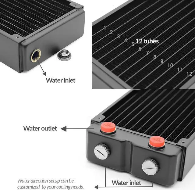 Alt view image 4 of 7 - 360mm - 64mm/2.52 inches Thick Computer Radiator, 12 Tubes Copper Water Cooling Cooler for CPU Heat Sink - Liquid Heat Exchanger Dual G1/4 Thread, Black
