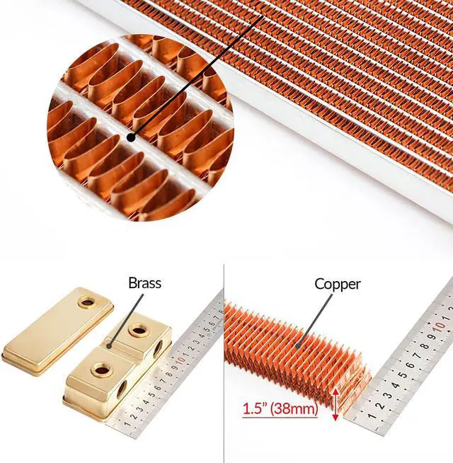 Alt view image 6 of 7 - 360mm - 64mm/2.52 inches Thick Computer Radiator, 12 Tubes Copper Water Cooling Cooler for CPU Heat Sink - Liquid Heat Exchanger Dual G1/4 Thread, Black