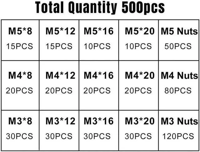 Alt view image 6 of 6 - 500pcs Stainless Steel Hex Socket Cap Head Bolts Screws Nuts M3 M4 M5 304 Kit