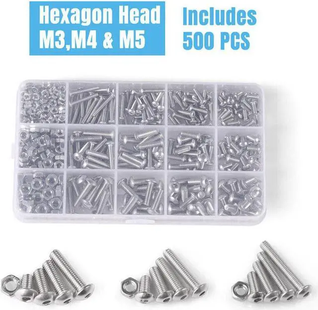 Main image of 500pcs Stainless Steel Hex Socket Cap Head Bolts Screws Nuts M3 M4 M5 304 Kit