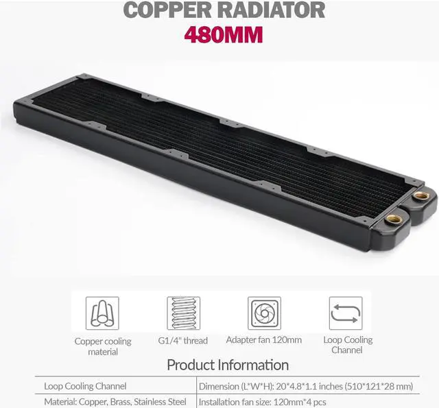 Alt view image 2 of 7 - 480mm 28mm Thick Computer Radiator Copper Water Cooling Cooler for CPU Heat Sink - Liquid Heat Exchanger Dual G1/4 Port
