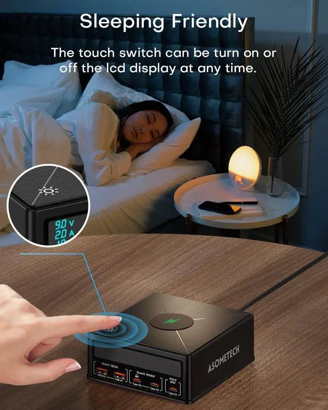 Alt view image 4 of 7 - USB Charging Station,ASOMETECH 160W 5-Port USB C Charging Station with 65W PD USB-C Port,QC3.0 Port,Wireless Charger,LCD Display Multi Port Fast USB Charging Hub for MacBook,Laptop,iPad,iPhone,Samsung