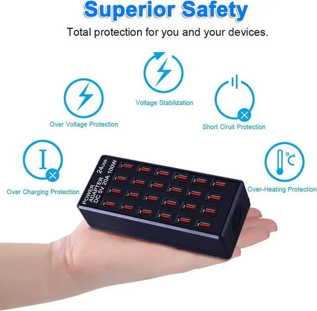 Alt view image 3 of 7 - 24-Port 100 watt (20 A) USB Charging Station, Home Desktop Fast Charger, Multiple Chargers, Suitable for Hotels, Shops, Schools, Shopping malls and Travel