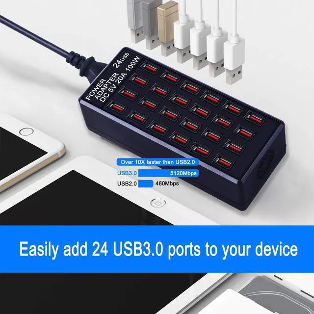 Alt view image 2 of 7 - 24-Port 100 watt (20 A) USB Charging Station, Home Desktop Fast Charger, Multiple Chargers, Suitable for Hotels, Shops, Schools, Shopping malls and Travel