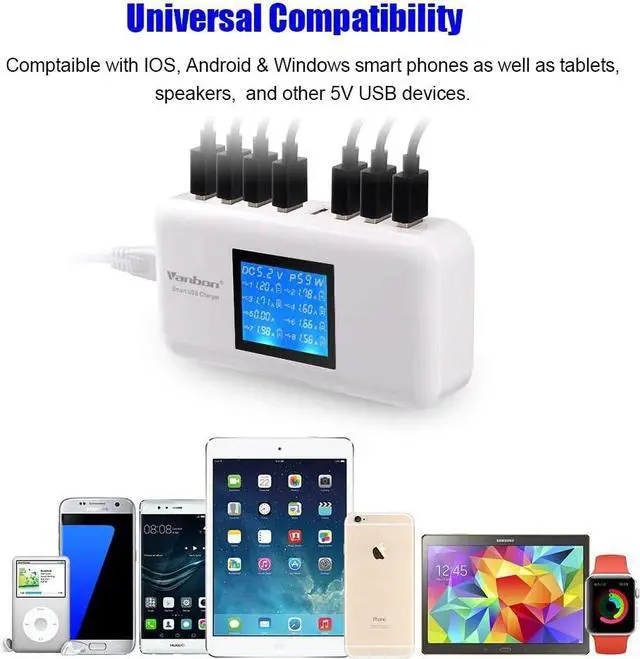 Alt view image 3 of 6 - 60W 8-Port USB Wall Charger, Multi Port USB Charger Charging Station W/LCD Compatible with Smart Phone, Tablet and Multiple Devices