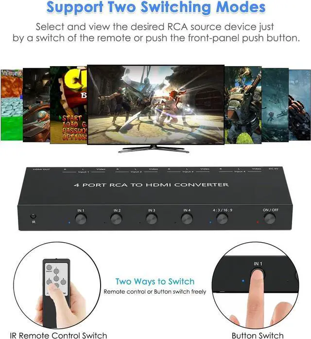 Alt view image 4 of 7 - 4 Port RCA to HDMI Converter, Dual AV to HDMI Converter Supports 16:9/4:3 Composite to HDMI Adapter Support 1080P PAL/NTSC Compatible with Sega/Xbox/PS1/PS2/PS3/WII/N64/VHS, VCRs, and DVD Players