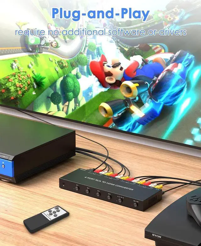 Alt view image 5 of 7 - 4 Port RCA to HDMI Converter, Dual AV to HDMI Converter Supports 16:9/4:3 Composite to HDMI Adapter Support 1080P PAL/NTSC Compatible with Sega/Xbox/PS1/PS2/PS3/WII/N64/VHS, VCRs, and DVD Players