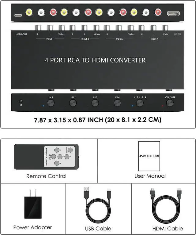 Alt view image 6 of 7 - 4 Port RCA to HDMI Converter, Dual AV to HDMI Converter Supports 16:9/4:3 Composite to HDMI Adapter Support 1080P PAL/NTSC Compatible with Sega/Xbox/PS1/PS2/PS3/WII/N64/VHS, VCRs, and DVD Players