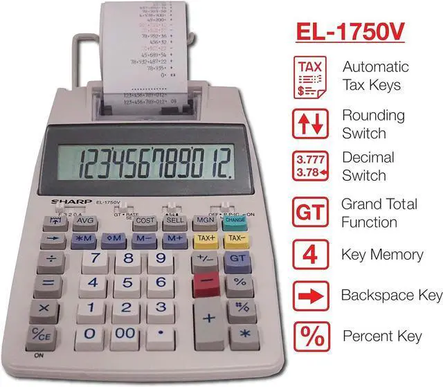 Alt view image 6 of 6 - Sharp EL-1750V Two-Color Printing Calculator 2 Lines/Sec 3" Black/Red