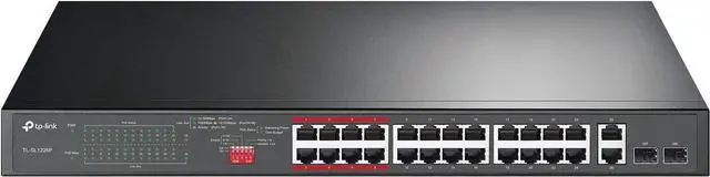 Main image of TP-Link 24 Port 10/100Mbps Fast Ethernet PoE Switch 24 PoE+ Ports @250W, w/ 2 Uplink Gigabit Ports + 2 Combo SFP Slots Limited Lifetime Protection Extend Mode Priority Mode (TL-SL1226P)