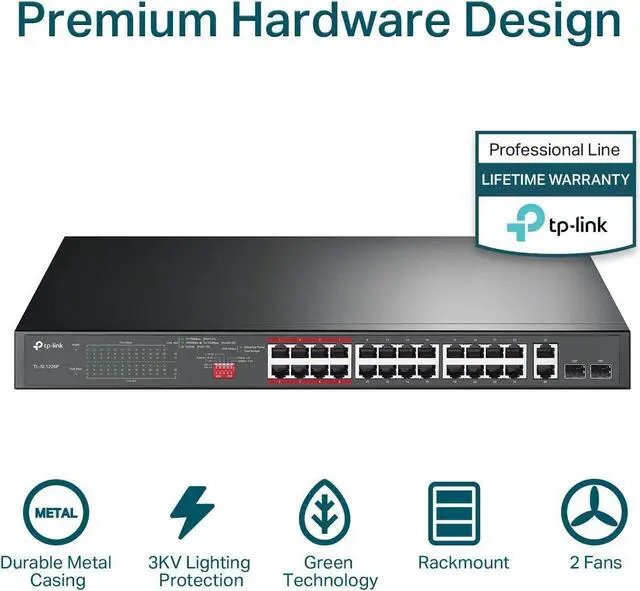 Alt view image 5 of 6 - TP-Link 24 Port 10/100Mbps Fast Ethernet PoE Switch 24 PoE+ Ports @250W, w/ 2 Uplink Gigabit Ports + 2 Combo SFP Slots Limited Lifetime Protection Extend Mode Priority Mode (TL-SL1226P)