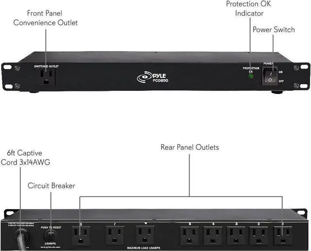 Alt view image 6 of 7 - Pyle PDU Power Strip Surge Protector - 150 Joule 15 Amp 9 Outlet Strips Surge Protector Heavy Duty Electric Extension Cord Strip - 1U Rack Mount Protection Power Outlet Strip W/ AC Filter - PCO850