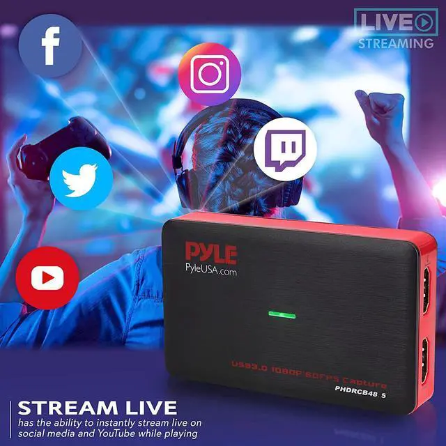 Alt view image 6 of 7 - Pyle Capture Card Video Recording System - AV Game Live Streaming, Full HD 1080P Digital Media File Creation System w/ HDMI, Audio for USB, SD, PC, DVD, PS4, PS3, Xbox One, Xbox 360, Wii PHDRCB48.5