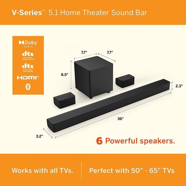 Alt view image 2 of 7 - VIZIO V-Series 5.1 Home Theater Sound Bar with Dolby Audio, Bluetooth, Wireless Subwoofer, Voice Assistant Compatible, Includes Remote Control - V51x-J6