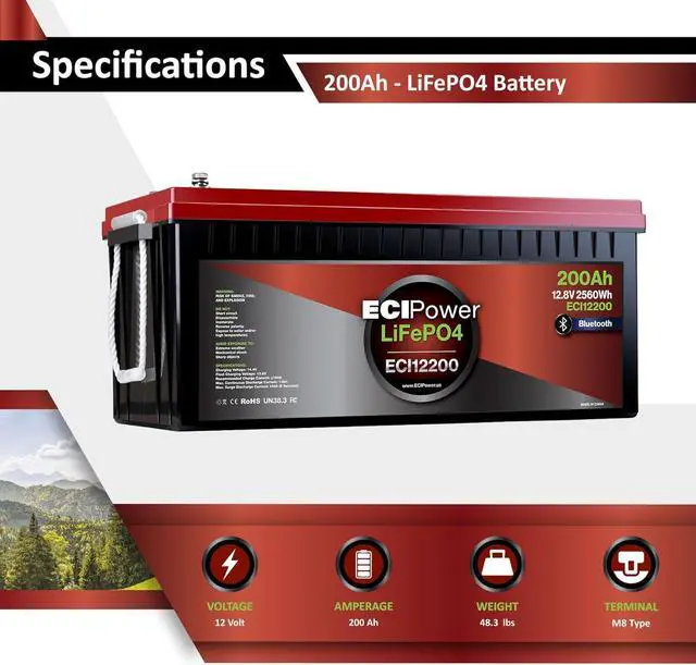Alt view image 5 of 7 - 12V 200Ah Lithium LiFePO4 Deep Cycle Rechargeable Battery | 2000-5000 Life Cycles & 10-Year Lifetime | Built-in BMS | Perfect for RV, Solar, Marine, Overland, Off-Grid Applications