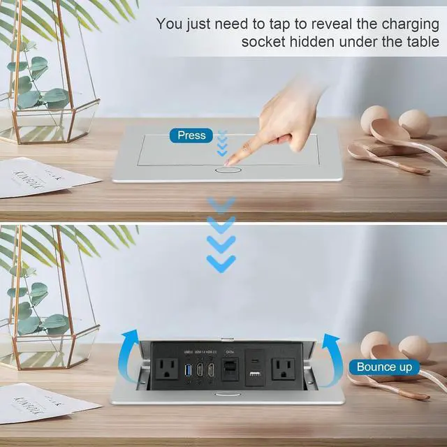 Alt view image 5 of 7 - Table Pop up Power Strip Box Desktop Pop Up Outlet Recessed Multimedia Strip Socket Conference Table Power Hub Hidden Table Connection Box with Outlet Network HDMI for Office Desk (Sliver-D)