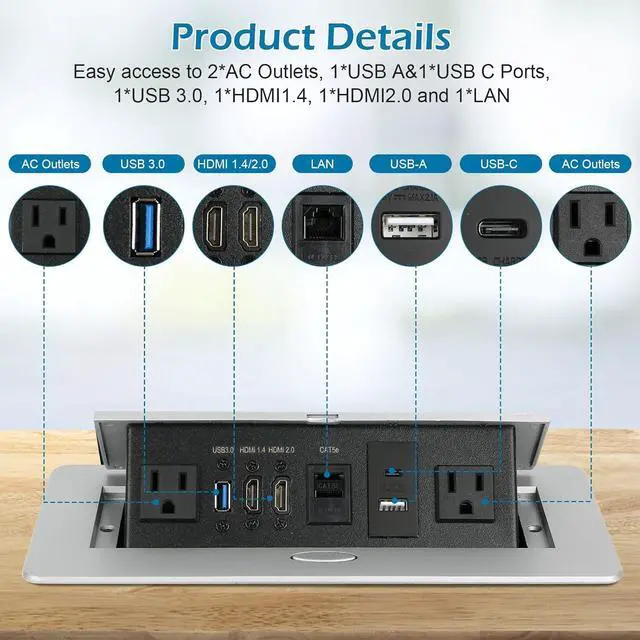 Alt view image 3 of 7 - Table Pop up Power Strip Box Desktop Pop Up Outlet Recessed Multimedia Strip Socket Conference Table Power Hub Hidden Table Connection Box with Outlet Network HDMI for Office Desk (Sliver-D)
